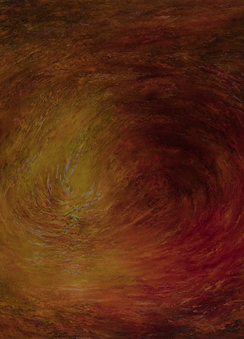 Ecstasy — abstract swirling vortex in amber, ochre and crimson