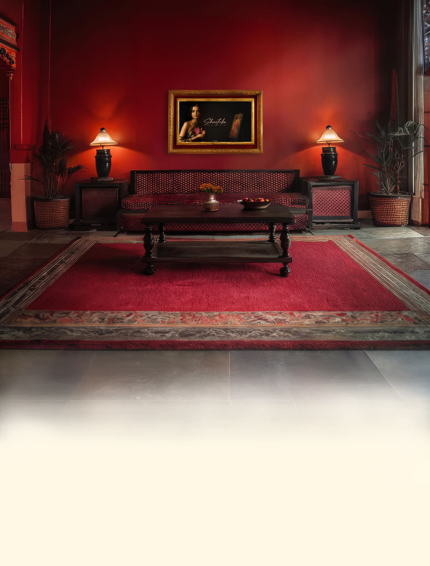 Shantrika artwork framed on a deep red gallery wall