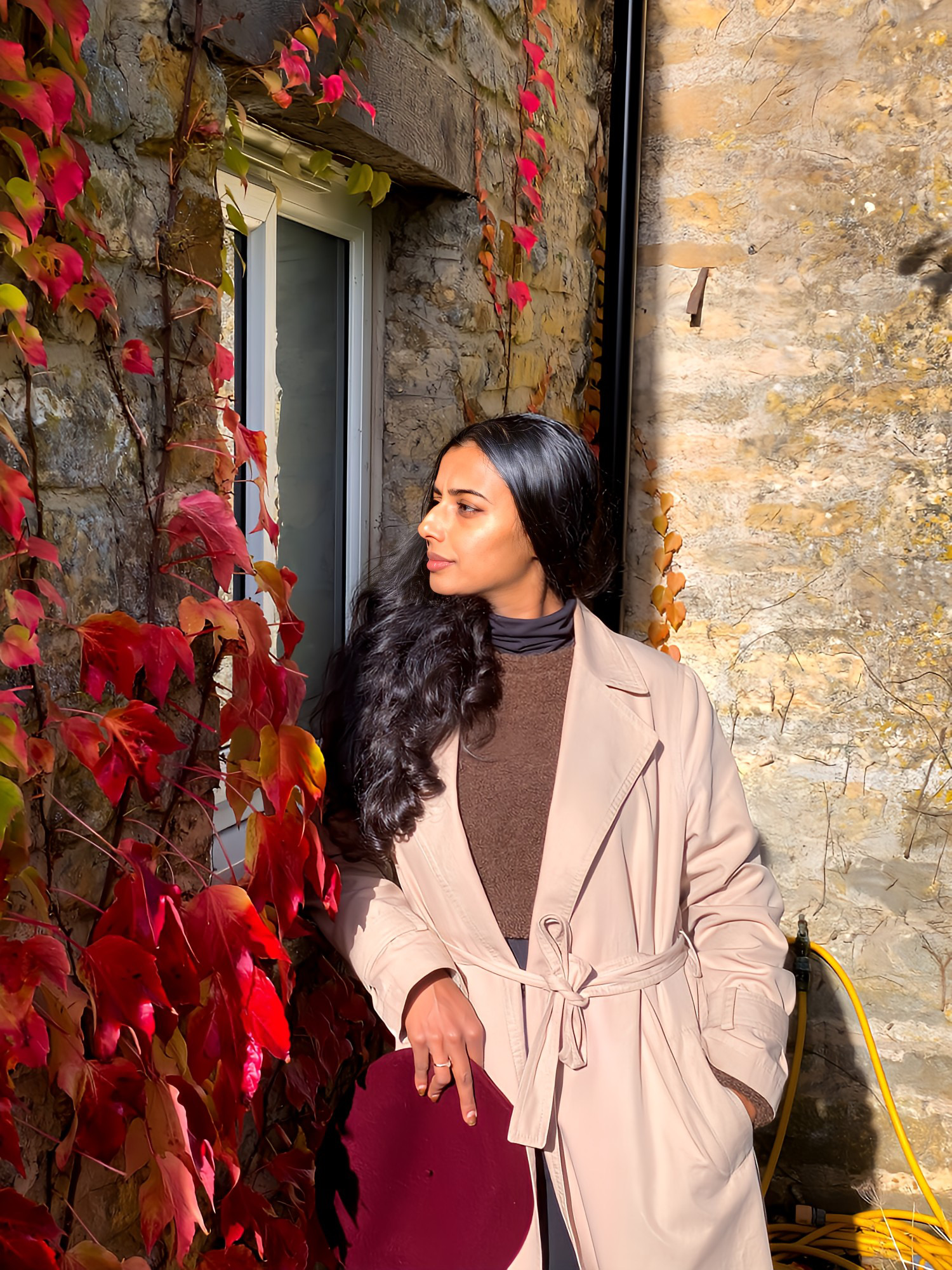 Autumn vines climbing a limestone wall in Manton